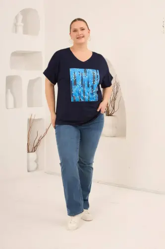 Baskılı Taş Detaylı Büyük Beden Tişört Lacivert - 6