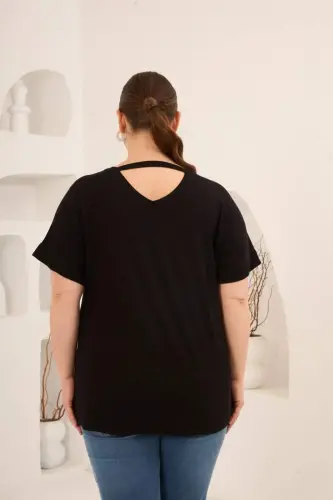 Baskılı Taş Detaylı Büyük Beden Tişört Siyah - 2