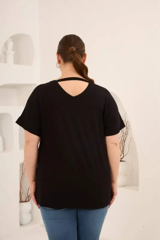 Baskılı Taş Detaylı Büyük Beden Tişört Siyah - 2