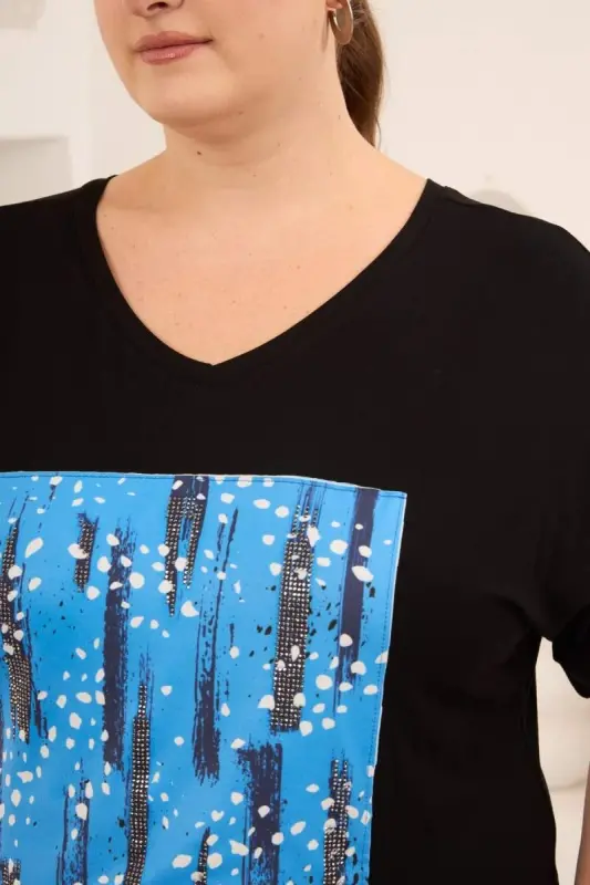 Baskılı Taş Detaylı Büyük Beden Tişört Siyah - 3