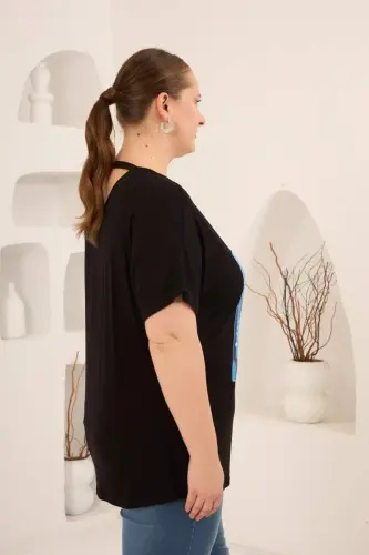 Baskılı Taş Detaylı Büyük Beden Tişört Siyah - 4