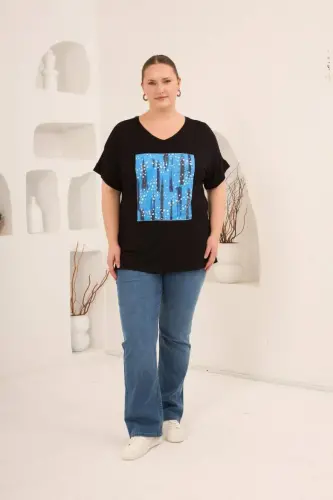 Baskılı Taş Detaylı Büyük Beden Tişört Siyah - 5