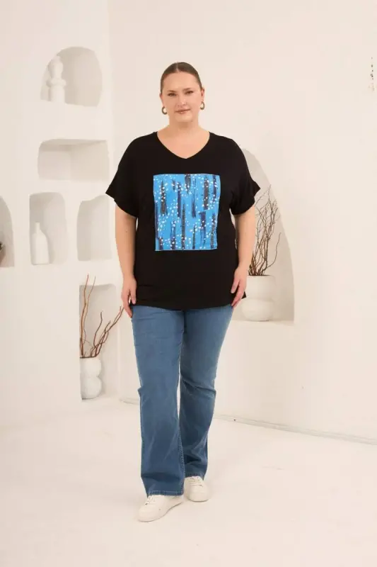 Baskılı Taş Detaylı Büyük Beden Tişört Siyah - 5