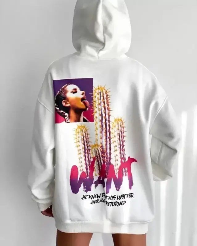 Baskılı Üç İplik Kapüşonlu Oversize Sweatshirt - Beyaz - BÜYÜKBEDENIZ