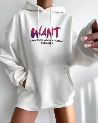 Baskılı Üç İplik Kapüşonlu Oversize Sweatshirt - Beyaz - BÜYÜKBEDENIZ (1)