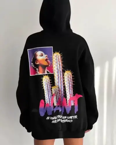 Baskılı Üç İplik Kapüşonlu Oversize Sweatshirt - Siyah - BÜYÜKBEDENIZ (1)
