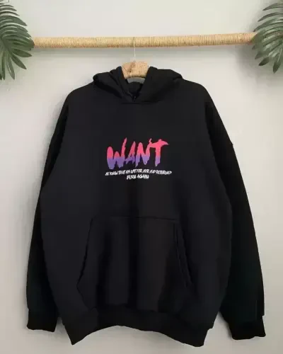 Baskili Uch Ip Kapşonlu Oversize Sweatshirt - Qora - 3