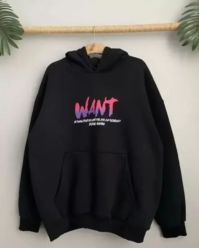 Baskili Uch Ip Kapşonlu Oversize Sweatshirt - Qora - 3