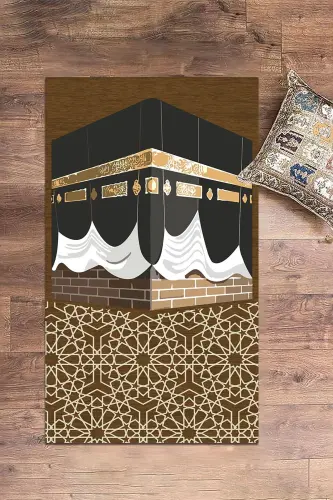 Baskılı Yıkanabilir Kabe Motifli Hediyelik Namaz Halısı Seccade 70x130cm-KAHVERENGİ - 4