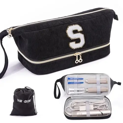 Initial Personalized Hair Dryer Case,Double-Layer Hair Tools Travel Carrying Case for Shark FlexStyle/SmoothStyle with Hair Dryer Bag - Hair Air Wrap Dryer Case Flat Curling Iron Travel Organizer - 1