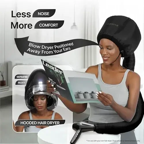 Hooded Hair Dryer AttacModazoneent w/A Headband Integrated That Reduces Heat Around Ears & Neck - Hair Dryer Hooded Diffuser Cap for Curly, Speeds Up Drying Time, Deep Conditioning At Home - Portable, Large - 3