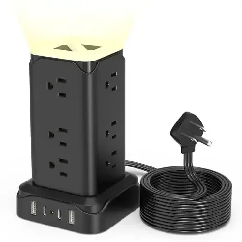 Башня с розеткой PD20W USB C с ночным светом, сетевой фильтр с защитой от скачков напряжения длиной 6 футов с 4 портами USB, удлинитель с несколькими розетками Passus тонкий плоский штекер для дома, офиса, общежития, белый - PASSUS