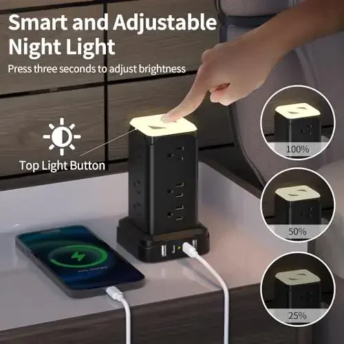 Башня с розеткой PD20W USB C с ночным светом, сетевой фильтр с защитой от скачков напряжения длиной 6 футов с 4 портами USB, удлинитель с несколькими розетками Passus тонкий плоский штекер для дома, офиса, общежития, белый - PASSUS (1)