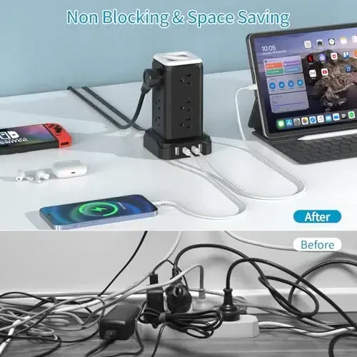 Башня с розеткой PD20W USB C с ночным светом, сетевой фильтр с защитой от скачков напряжения длиной 6 футов с 4 портами USB, удлинитель с несколькими розетками Passus тонкий плоский штекер для дома, офиса, общежития, белый - 6