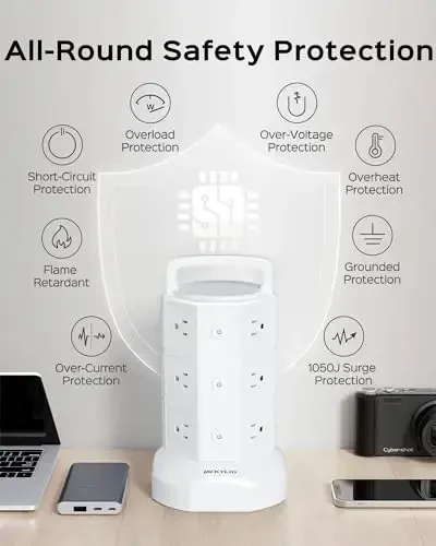Башня сетевого фильтра, JACKYLED с 12 розетками, 6 USB (2 USB C) зарядная станция, удлинитель с несколькими розетками, 1050J 1625W/13A удлинитель для дома и офиса 6,5 фута - JACKYLED (1)
