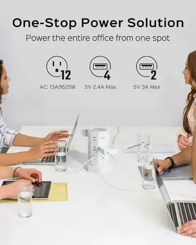 Башня сетевого фильтра, JACKYLED с 12 розетками, 6 USB (2 USB C) зарядная станция, удлинитель с несколькими розетками, 1050J 1625W/13A удлинитель для дома и офиса 6,5 фута - 4