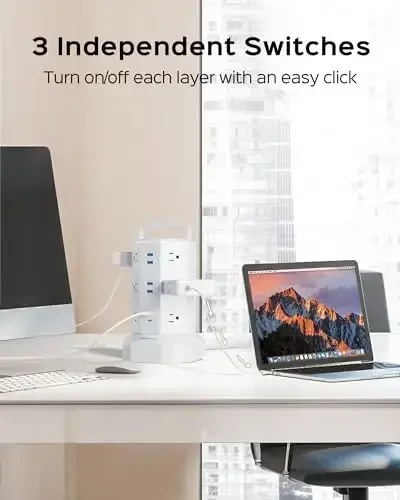 Башня сетевого фильтра, JACKYLED с 12 розетками, 6 USB (2 USB C) зарядная станция, удлинитель с несколькими розетками, 1050J 1625W/13A удлинитель для дома и офиса 6,5 фута - 6
