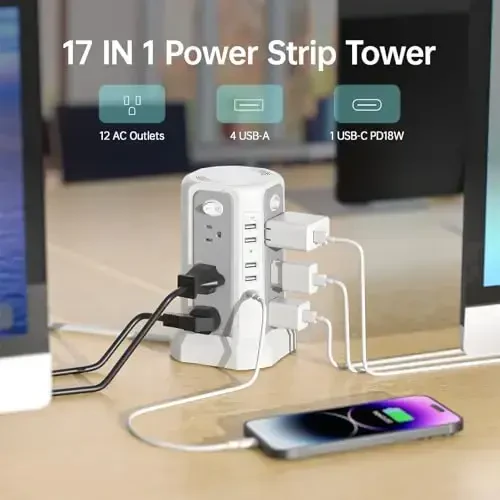 Башня-сетевой фильтр с защитой от перенапряжения, USB-C портом (PD18W), удлинителем 10FT с 12 розетками AC и 5 USB-портами для зарядки, PASSUS Power Tower Surge Protection для дома, офиса, общежития - 3