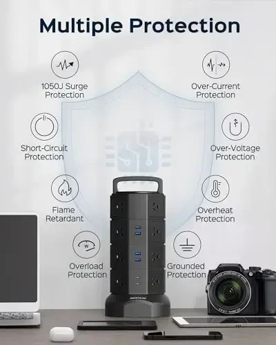 Башня-сетевой фильтр с защитой от скачков напряжения, JACKYLED 16 розеток 6 USB (2 USB C) зарядная станция, удлинитель с несколькими розетками, 1050J 1625W/13A удлинитель розетки 6.5ft для дома и офиса - 5