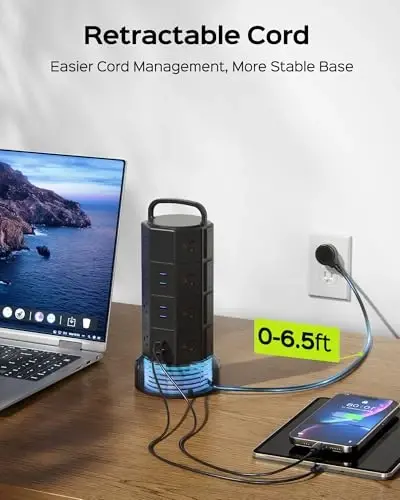 Башня-сетевой фильтр с защитой от скачков напряжения, JACKYLED 16 розеток 6 USB (2 USB C) зарядная станция, удлинитель с несколькими розетками, 1050J 1625W/13A удлинитель розетки 6.5ft для дома и офиса - 3