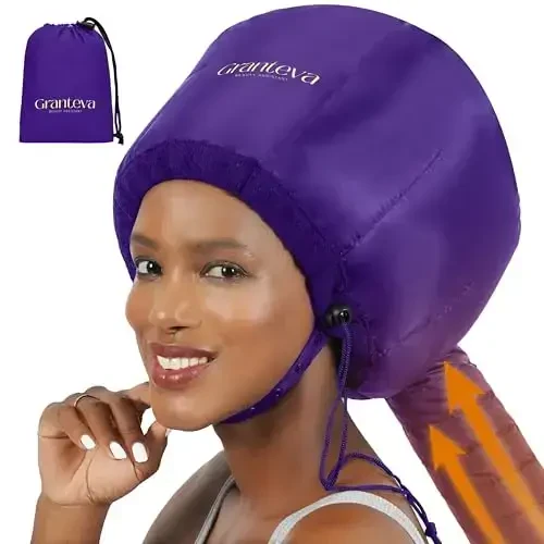 Bonnet Hair Dryer AttacModazoneent w/A Headband Integrated That Reduces Heat Around Ears & Neck - Diffuser Cap for Hair Dryer Curly Hair, Speeds Up Drying Time, Deep Conditioning at Home - Large (Purple) 