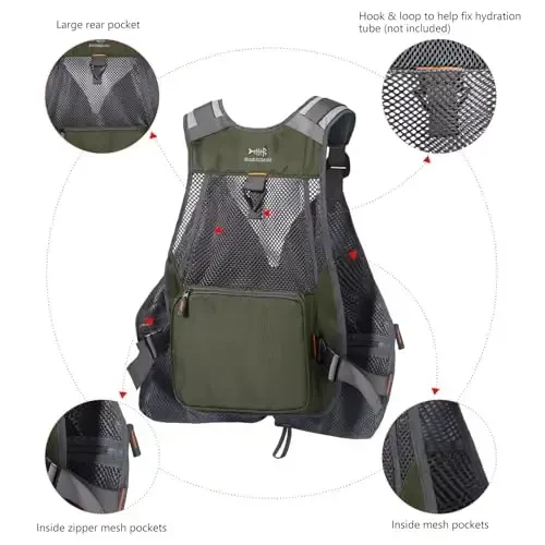 BASSDASH Strap Fishing Vest Adjustable for Men and Women, for Fly Bass Fishing and Outdoor Activities - 6