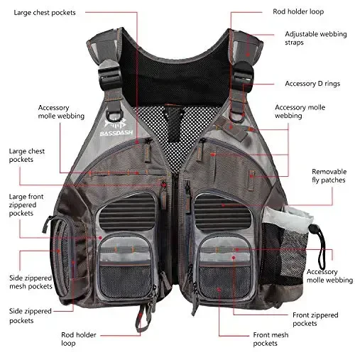 BASSDASH Strap Fishing Vest Adjustable for Men and Women, for Fly Bass Fishing and Outdoor Activities - 3