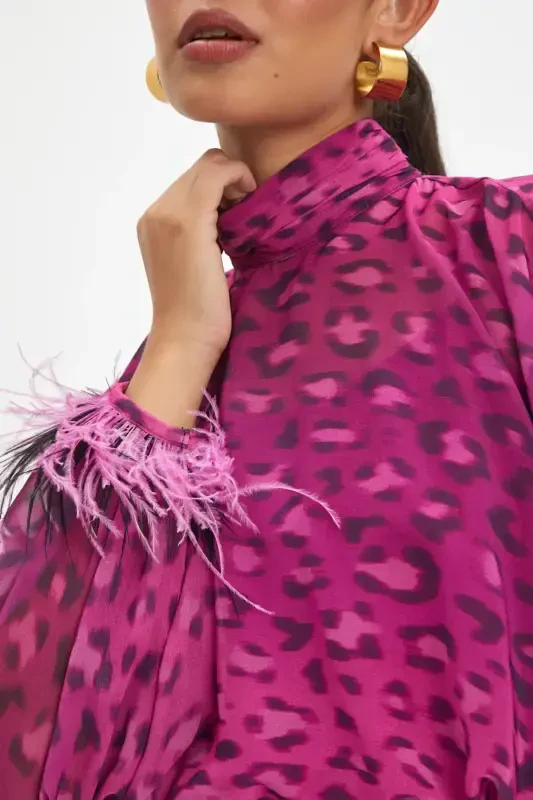 Bat Sleeve Leopard Print Fuchsia Blouse 39112 - 1