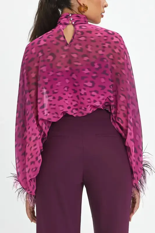 Bat Sleeve Leopard Print Fuchsia Blouse 39112 - 3