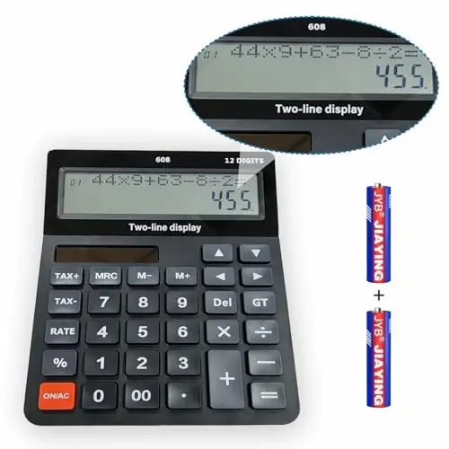 Batareya va quyosh energiyasi bilan ishlaydigan noyob 120 qadamli hisoblash tekshiruvi xotirasi 12 xonali 2 qatorli o'ta katta kalkulyator katta tugmalar va 5,5 dyuymli LCD displey, soliq stavkasini sozlash mumkin bo'lgan soliqni hisoblash uchun moliyaviy kalkulyator 