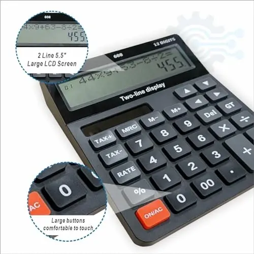 Batareya va quyosh energiyasi bilan ishlaydigan noyob 120 qadamli hisoblash tekshiruvi xotirasi 12 xonali 2 qatorli o'ta katta kalkulyator katta tugmalar va 5,5 dyuymli LCD displey, soliq stavkasini sozlash mumkin bo'lgan soliqni hisoblash uchun moliyaviy kalkulyator - 4