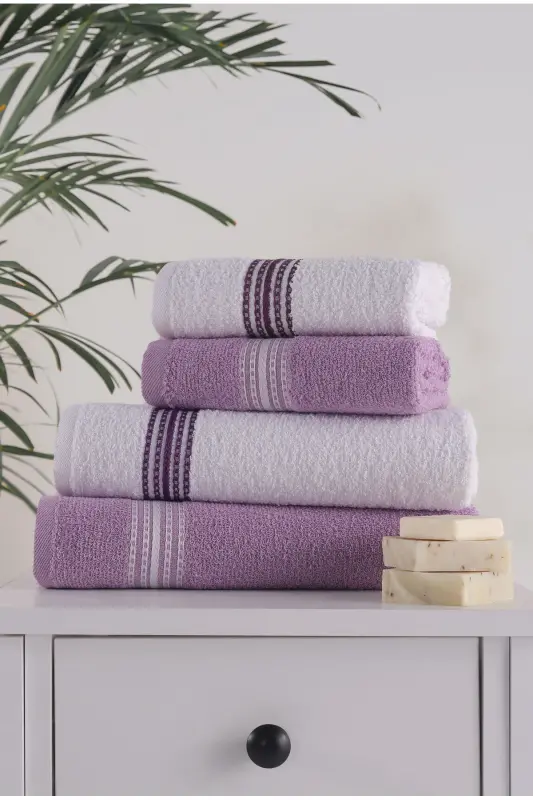 Bath Hand Towel Set 4 Pcs Lilac-White Elvin – Soft Texture (70X140X2 /50X90CMX2)-LILAC - GENEL MARKALAR