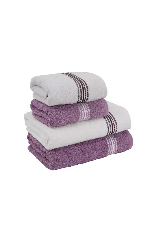 Bath Hand Towel Set 4 Pcs Lilac-White Elvin – Soft Texture (70X140X2 /50X90CMX2)-LILAC - 4