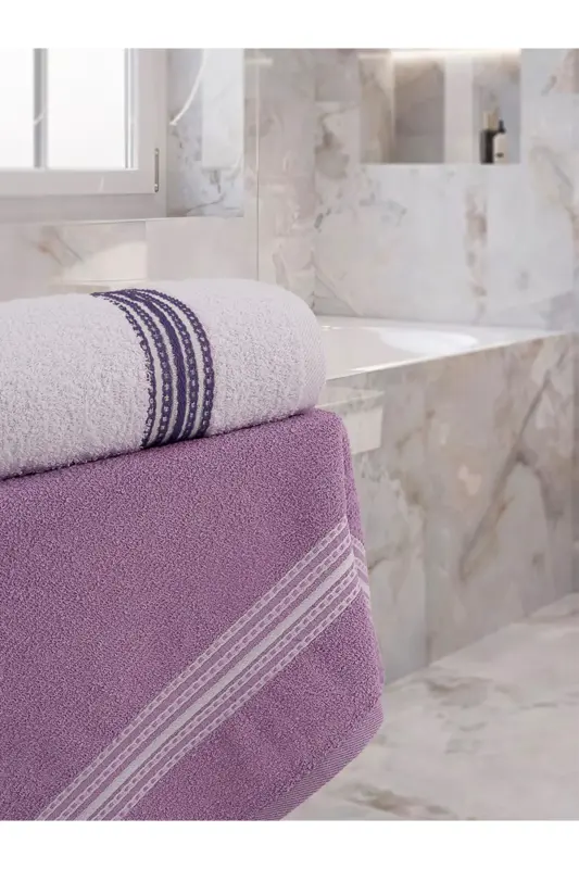 Bath Hand Towel Set 4 Pcs Lilac-White Elvin – Soft Texture (70X140X2 /50X90CMX2)-LILAC - 5