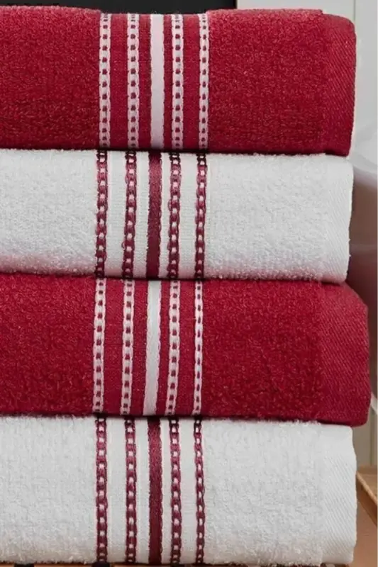 Bath Towel Set 4 Pcs Bordeaux-White Elvin - Soft Texture, Quick Drying (70X140 X2 /50X90CM X2 CM)-BORDEAUX - 4
