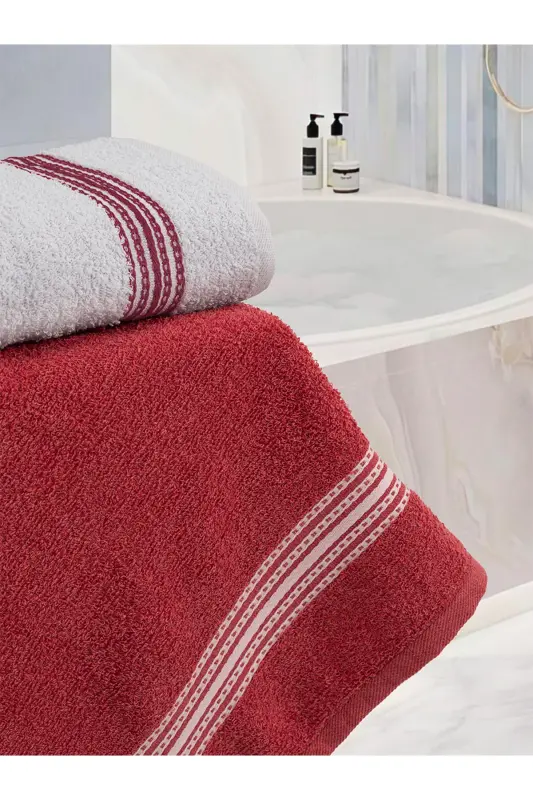 Bath Towel Set 4 Pcs Bordeaux-White Elvin - Soft Texture, Quick Drying (70X140 X2 /50X90CM X2 CM)-BORDEAUX - 2