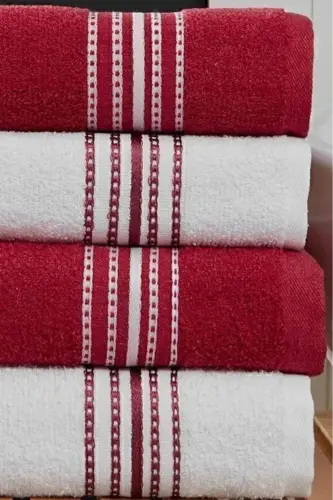 Bath Towel Set 4 Pcs Bordeaux-White Elvin - Soft Texture, Quick Drying (70X140 X2 /50X90CM X2 CM)-BORDEAUX - 4