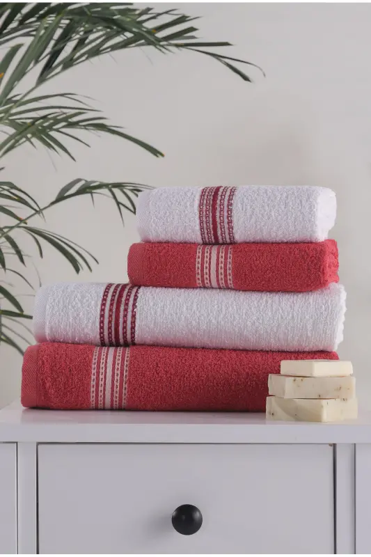 Bath Towel Set 4 Pcs Bordeaux-White Elvin - Soft Texture, Quick Drying (70X140 X2 /50X90CM X2 CM)-BORDEAUX - 5