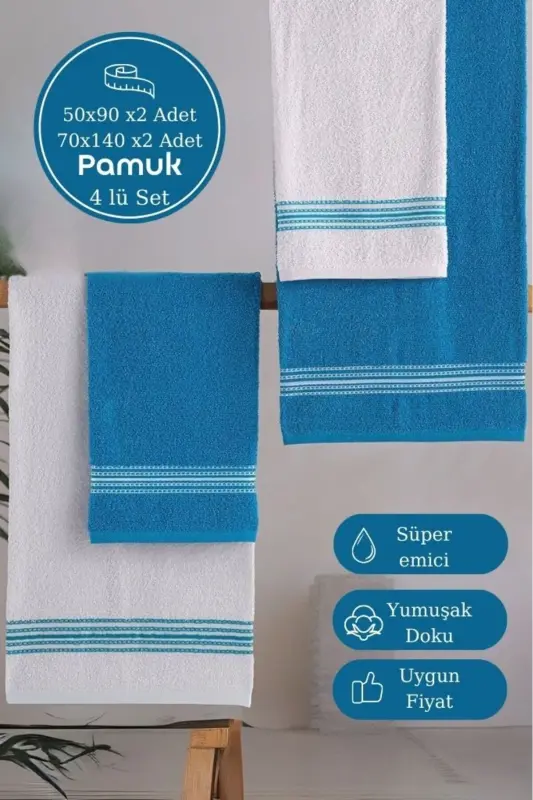 Bath Towel Set 4 Pcs Turquoise-White Elvin – Soft Texture, Quick Dry (70X140 X2 /50X90CM X2 CM)-TURQUOISE - MODALİN