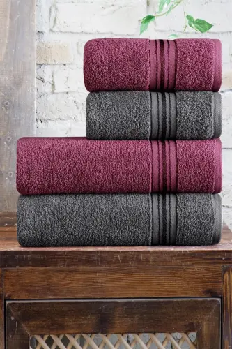 Bath Towel Set Turkish Hamam Set 4 Pieces - Purple Anthracite - 1