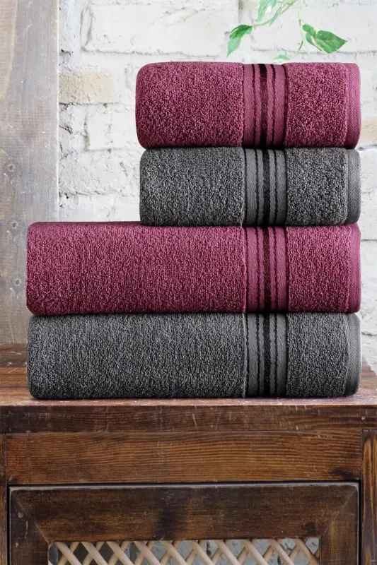 Bath Towel Set Turkish Hamam Set 4 Pieces - Purple Anthracite - 1