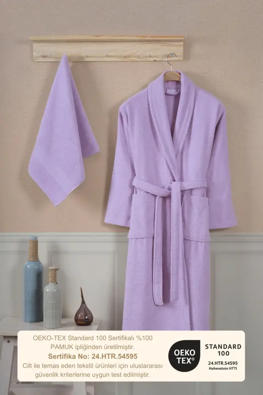 Bathrobe Set 100% Cotton Certified Shawl Collar Bathrobe Head Towel Set 2 Pieces Lilac-Lilac - 2