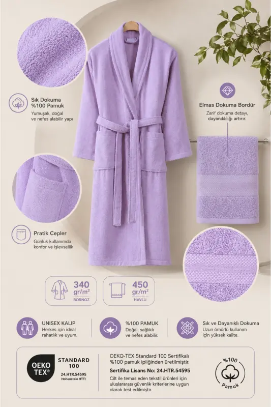 Bathrobe Set 100% Cotton Certified Shawl Collar Bathrobe Head Towel Set 2 Pieces Lilac-Lilac - 3