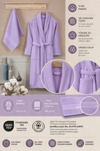 Bathrobe Set 100% Cotton Certified Shawl Collar Bathrobe Head Towel Set 2 Pieces Lilac-Lilac - 4