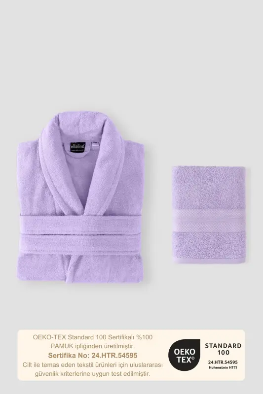 Bathrobe Set 100% Cotton Certified Shawl Collar Bathrobe Head Towel Set 2 Pieces Lilac-Lilac - 6