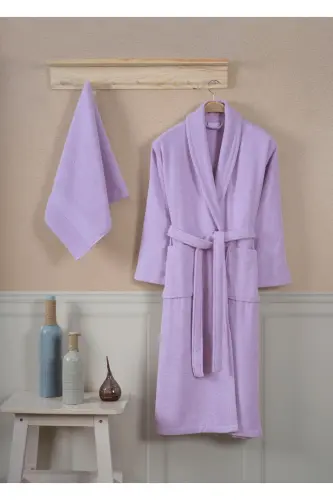 Bathrobe Set 100% Cotton Certified Shawl Collar Bathrobe Head Towel Set 2 Pieces Lilac-Lilac - 7