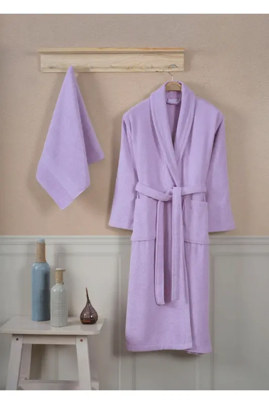 Bathrobe Set 100% Cotton Certified Shawl Collar Bathrobe Head Towel Set 2 Pieces Lilac-Lilac - 7