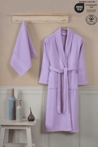 Bathrobe Set 100% Cotton Certified Shawl Collar Bathrobe Head Towel Set 2 Pieces Lilac-Lilac - 8