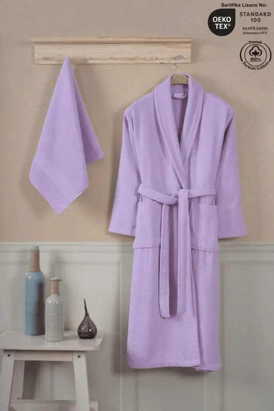 Bathrobe Set 100% Cotton Certified Shawl Collar Bathrobe Head Towel Set 2 Pieces Lilac-Lilac - 8