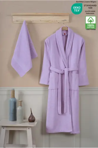 Bathrobe Set 100% Cotton Certified Shawl Collar Bathrobe Head Towel Set 2 Pieces Lilac-Lilac - 1